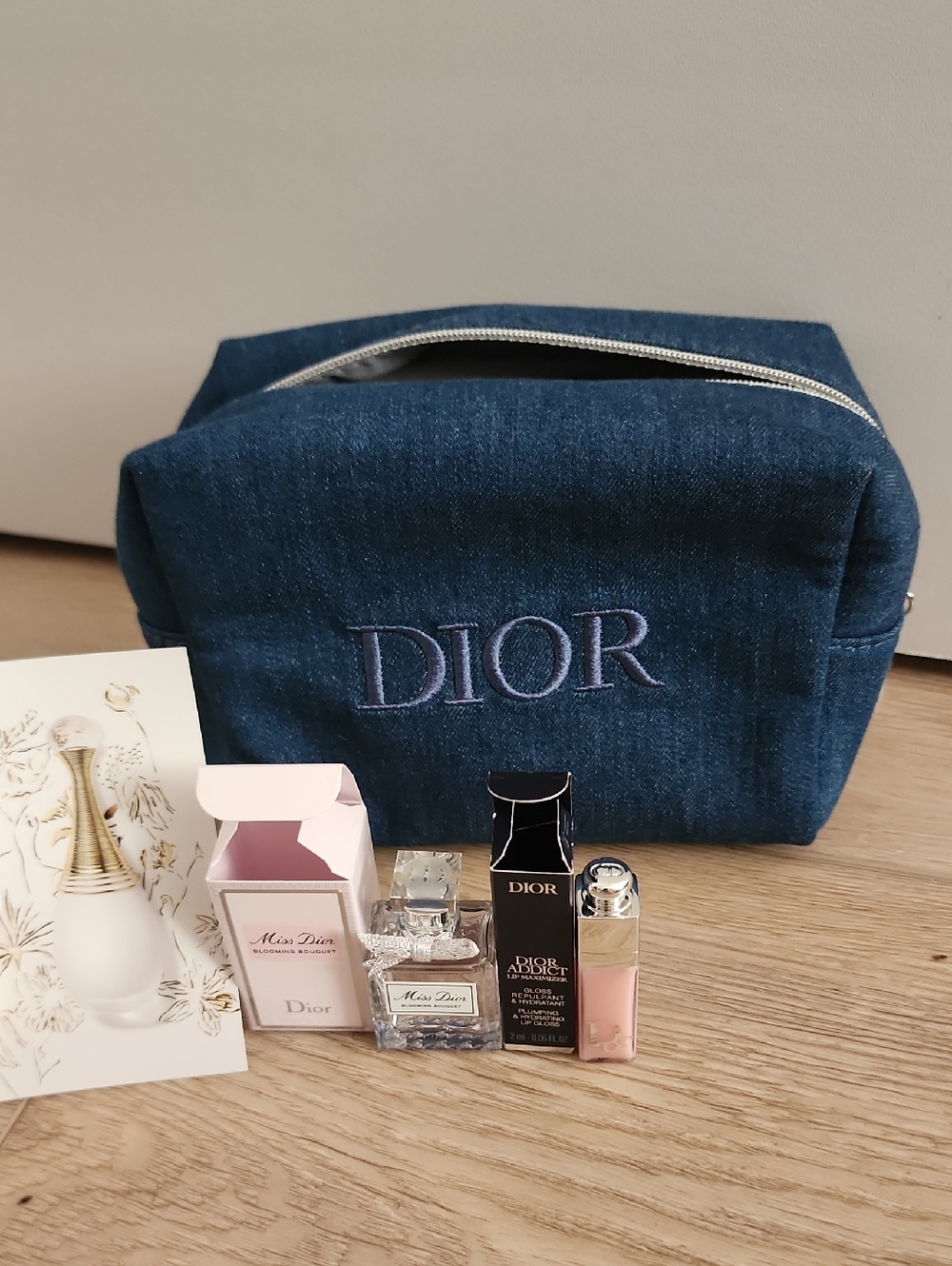 Dior Denim Cosmetic Pouch Clutch Bag 3 Pcs Mini Lip & Perfume Gift Set